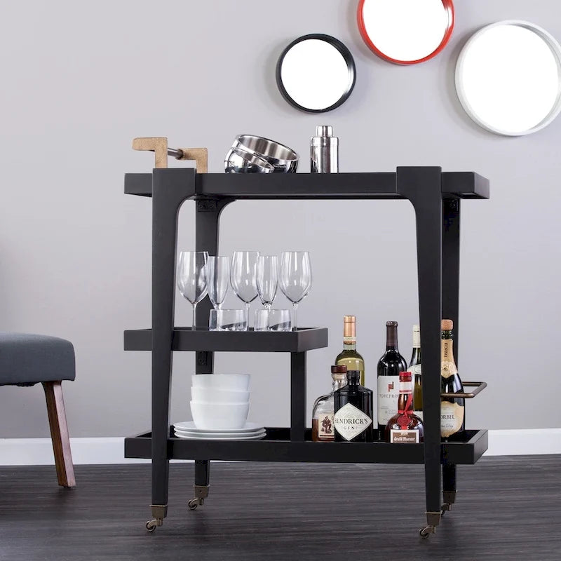Carrito de bar moderno de mediados de siglo de 3 niveles con imitación de madera, detalles metálicos elegantes y amplio espacio de almacenamiento
