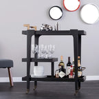 Carrito de bar moderno de mediados de siglo de 3 niveles con imitación de madera, detalles metálicos elegantes y amplio espacio de almacenamiento