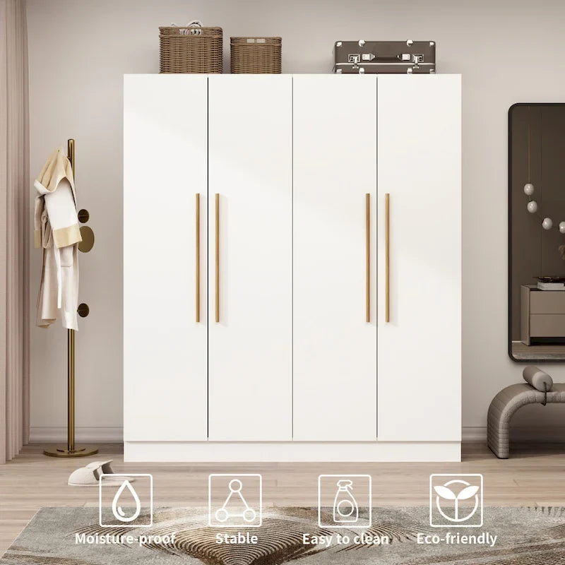 Armario de 70.9" de alto x 63" de ancho con 4 puertas y barra para colgar, blanco