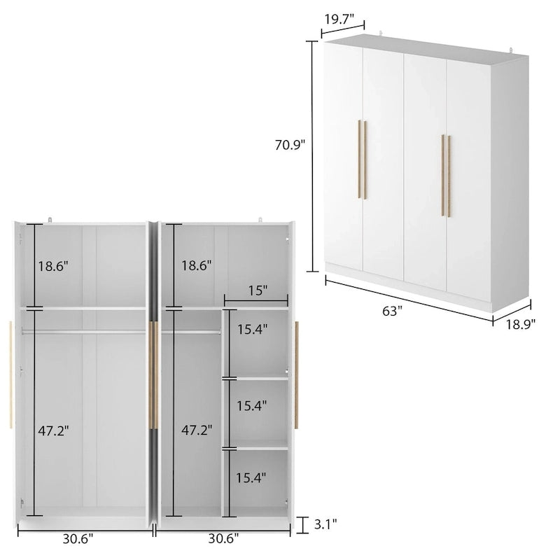 Armario de 70.9" de alto x 63" de ancho con 4 puertas y barra para colgar, blanco