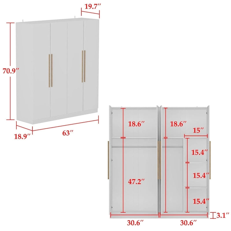 Armario de 70.9" de alto x 63" de ancho con 4 puertas y barra para colgar, blanco
