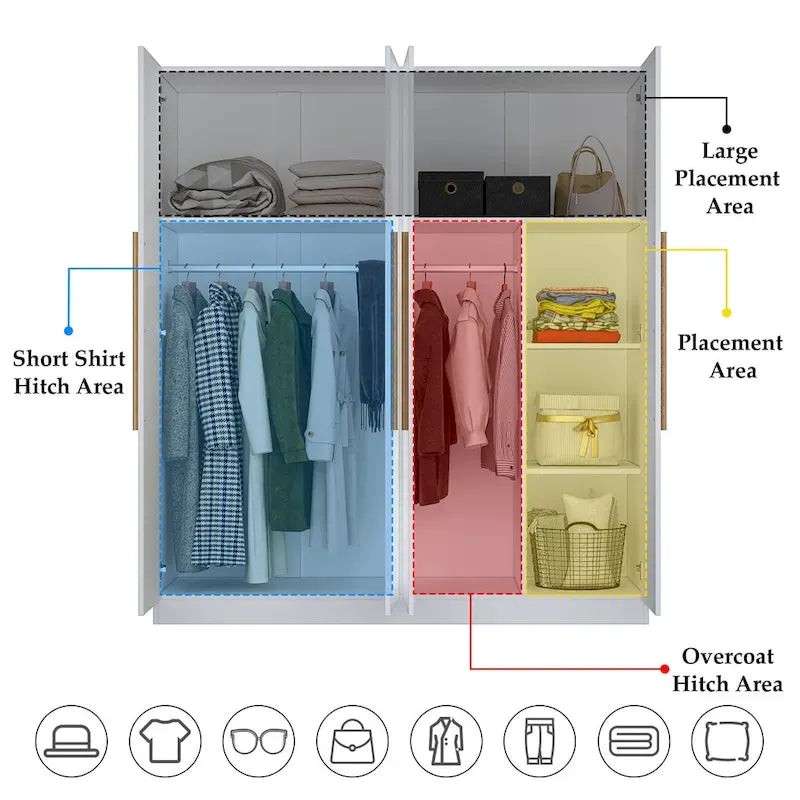 Armario de 70.9" de alto x 63" de ancho con 4 puertas y barra para colgar, blanco