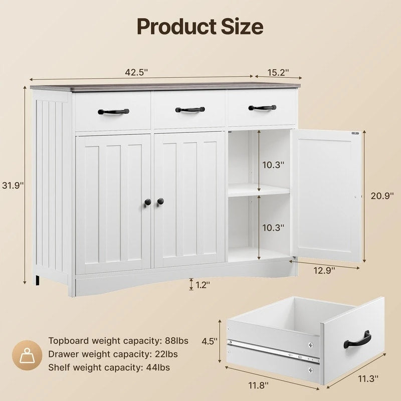 Aparador buffet rústico de 42.5", moderno mueble de cocina de madera con estante ajustable