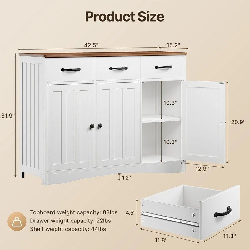 Aparador buffet rústico de 42.5", moderno mueble de cocina de madera con estante ajustable