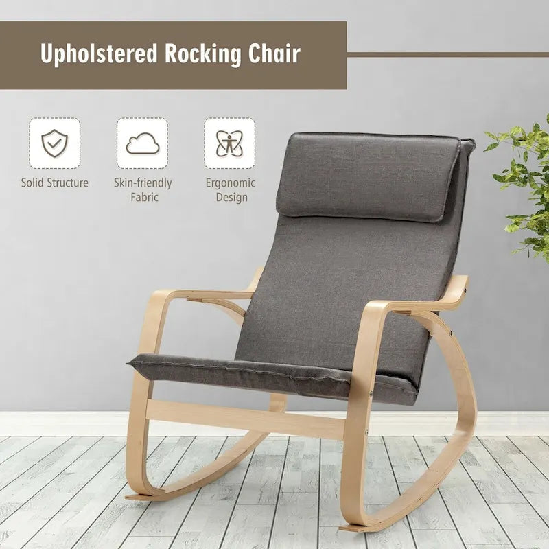 Sillón mecedora moderno de madera curvada tapizado de tela, sillón reclinable para relajarse
