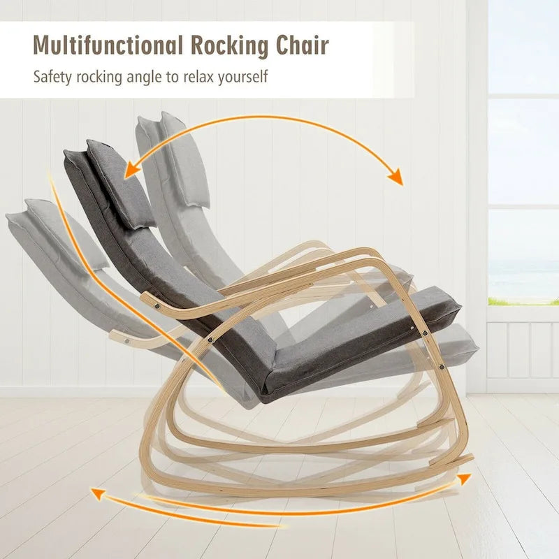 Sillón mecedora moderno de madera curvada tapizado de tela, sillón reclinable para relajarse