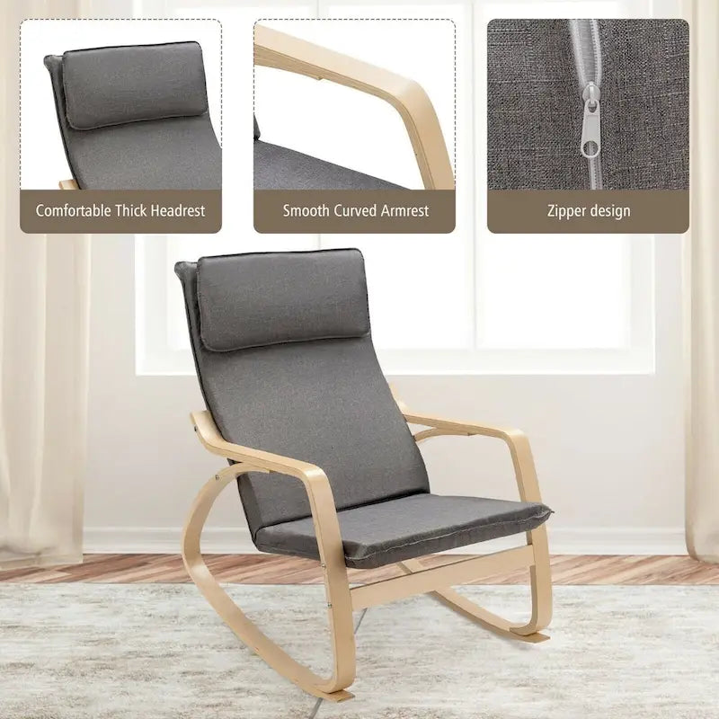 Sillón mecedora moderno de madera curvada tapizado de tela, sillón reclinable para relajarse