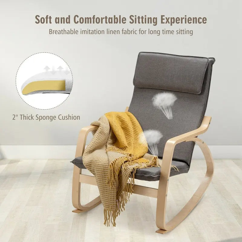 Sillón mecedora moderno de madera curvada tapizado de tela, sillón reclinable para relajarse