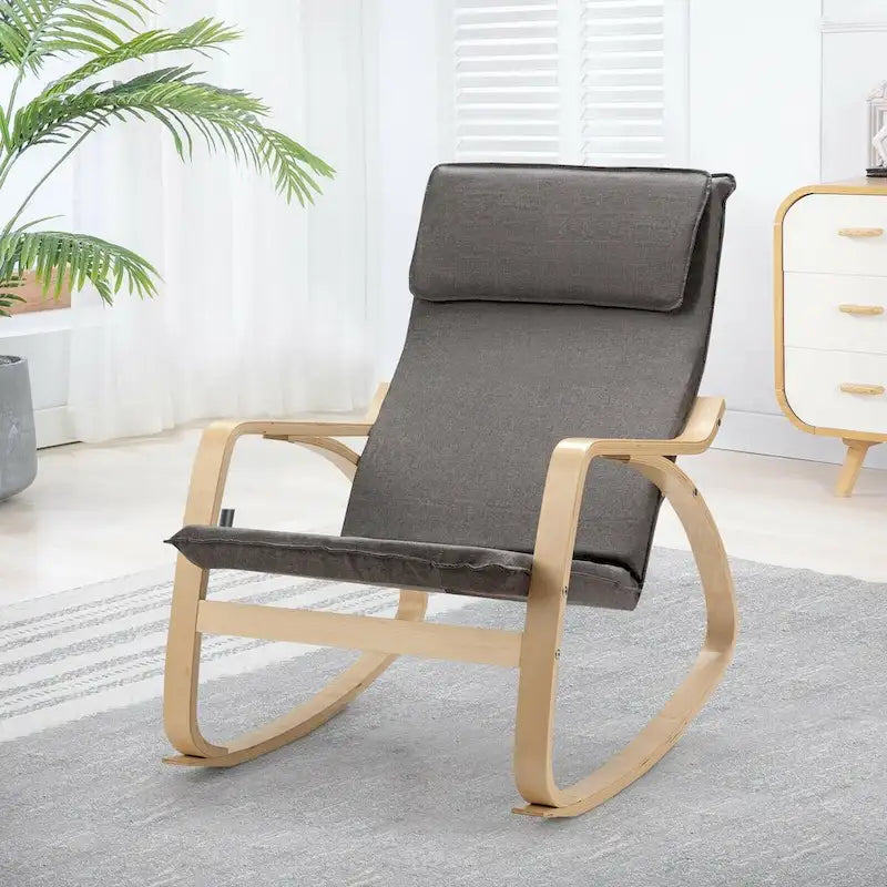 Sillón mecedora moderno de madera curvada tapizado de tela, sillón reclinable para relajarse