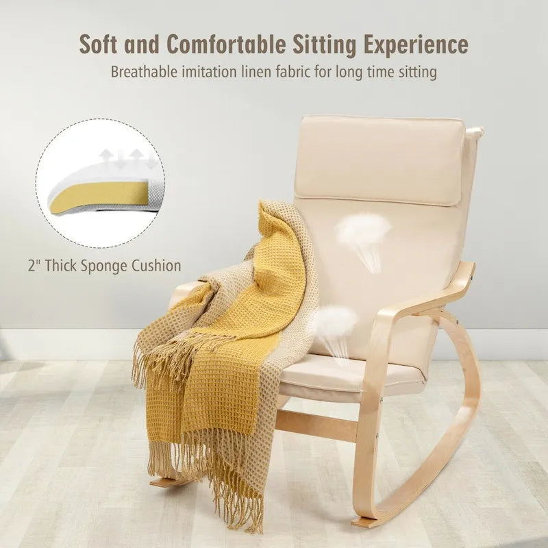 Sillón mecedora moderno de madera curvada tapizado de tela, sillón reclinable para relajarse