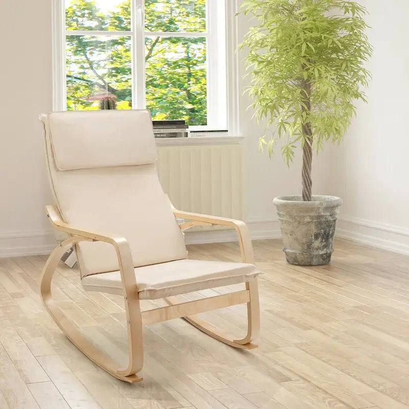 Sillón mecedora moderno de madera curvada tapizado de tela, sillón reclinable para relajarse