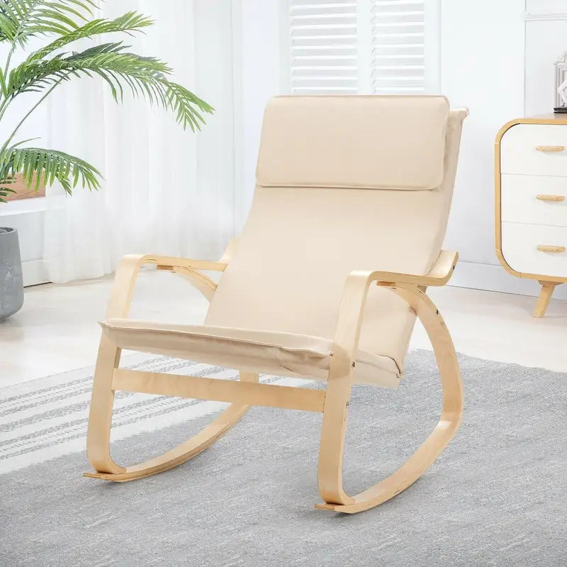 Sillón mecedora moderno de madera curvada tapizado de tela, sillón reclinable para relajarse