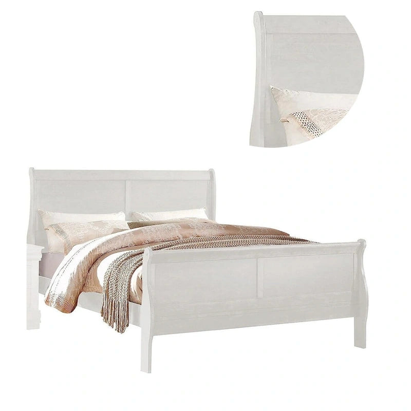 Cama trineo tamaño Queen, cabecero de estilo minimalista, madera blanca clásica