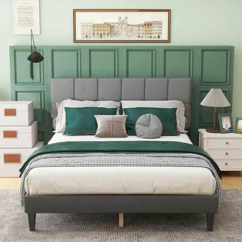 Base de cama tamaño queen con plataforma, cabecero tapizado en tela y soporte de listones de madera, no necesita somier/fácil montaje