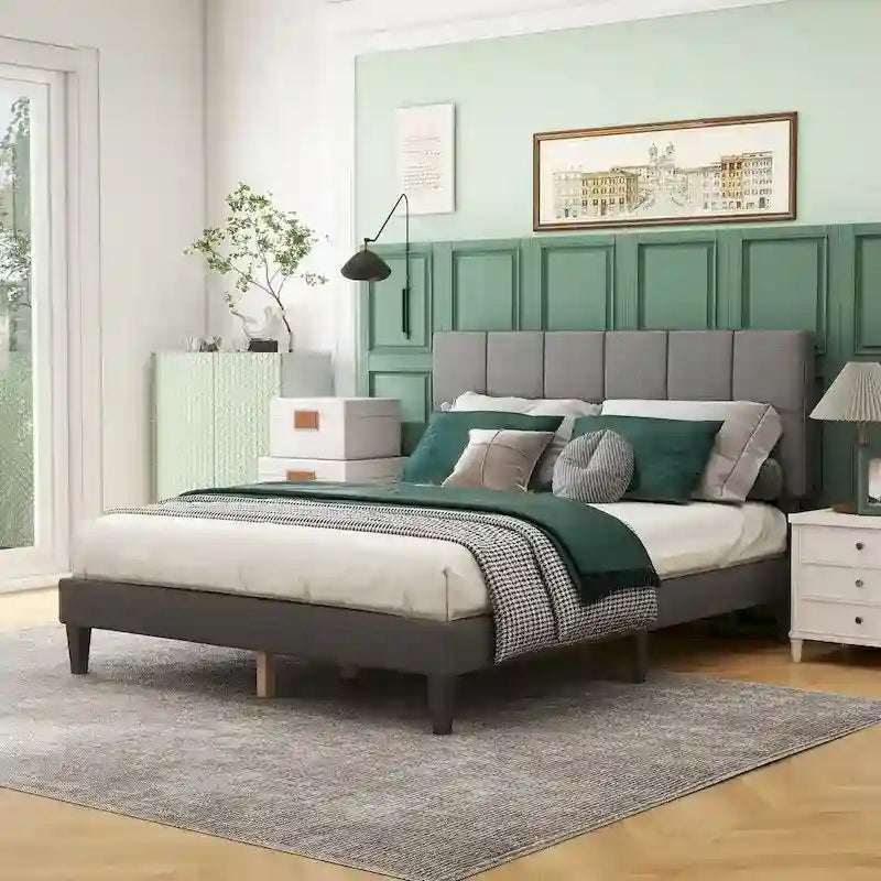 Base de cama tamaño queen con plataforma, cabecero tapizado en tela y soporte de listones de madera, no necesita somier/fácil montaje