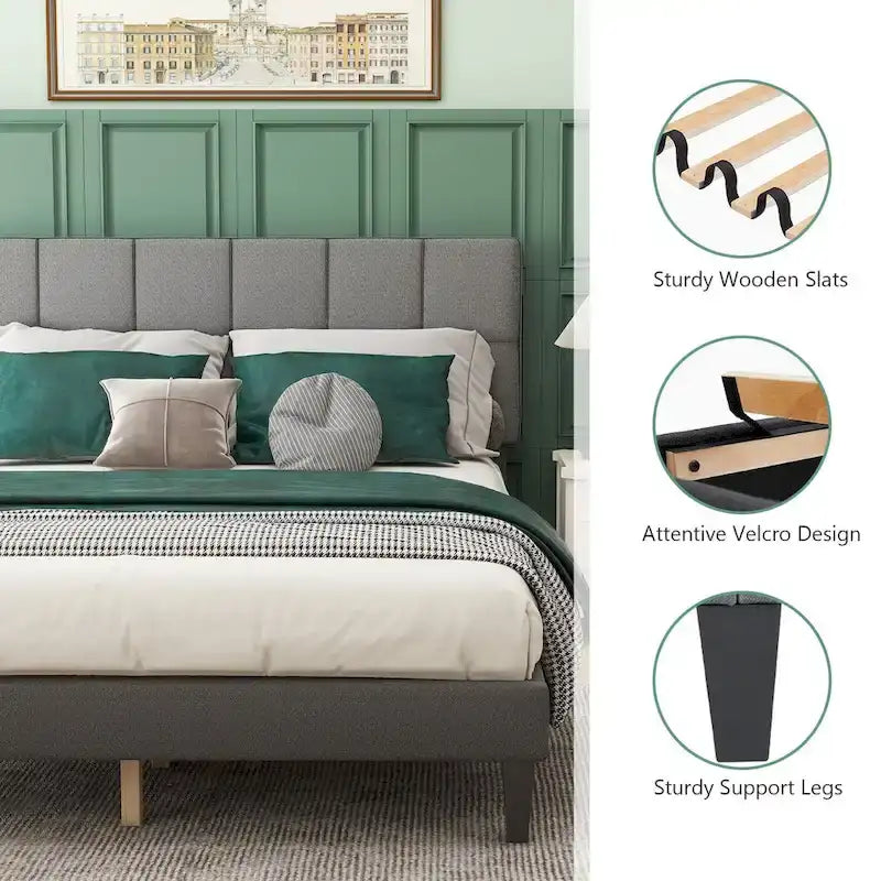 Base de cama tamaño queen con plataforma, cabecero tapizado en tela y soporte de listones de madera, no necesita somier/fácil montaje
