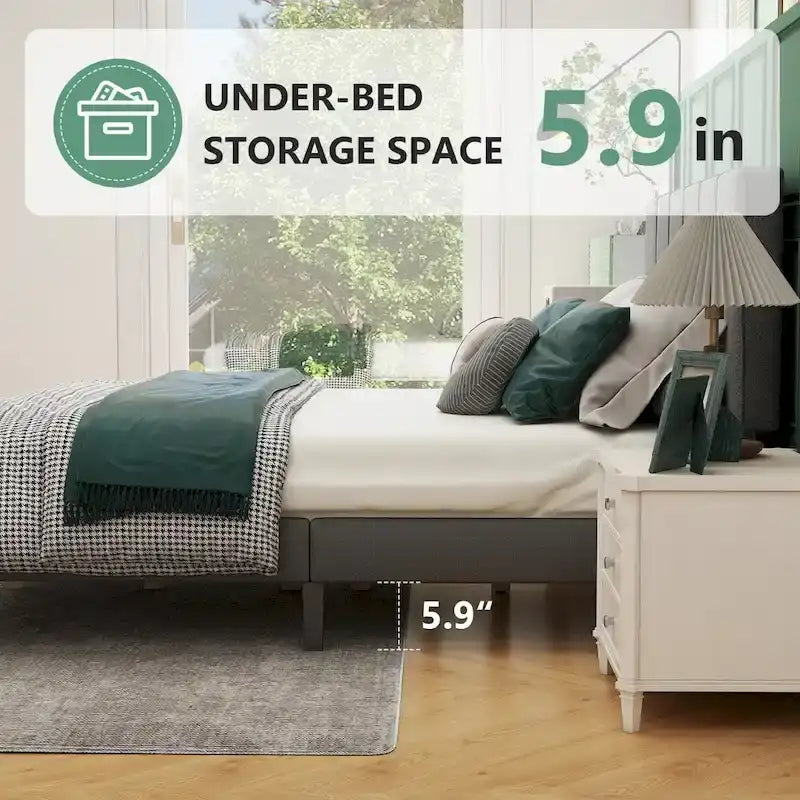 Base de cama tamaño queen con plataforma, cabecero tapizado en tela y soporte de listones de madera, no necesita somier/fácil montaje