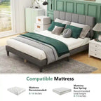 Base de cama tamaño queen con plataforma, cabecero tapizado en tela y soporte de listones de madera, no necesita somier/fácil montaje