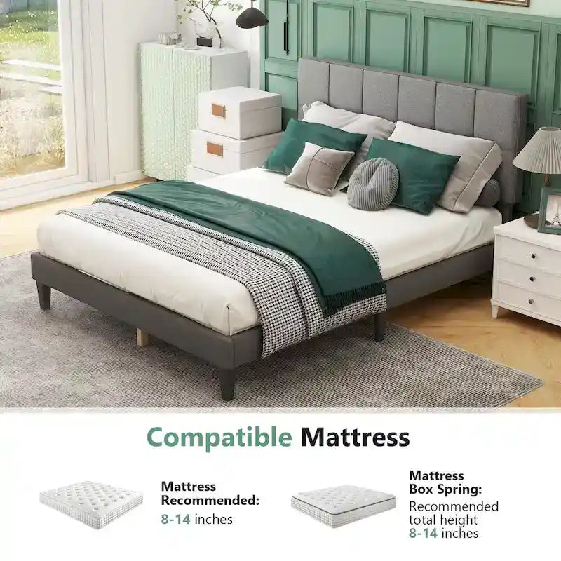 Base de cama tamaño queen con plataforma, cabecero tapizado en tela y soporte de listones de madera, no necesita somier/fácil montaje