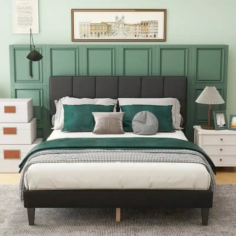 Base de cama tamaño queen con plataforma, cabecero tapizado en tela y soporte de listones de madera, no necesita somier/fácil montaje