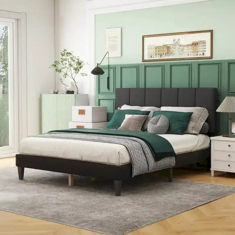 Base de cama tamaño queen con plataforma, cabecero tapizado en tela y soporte de listones de madera, no necesita somier/fácil montaje
