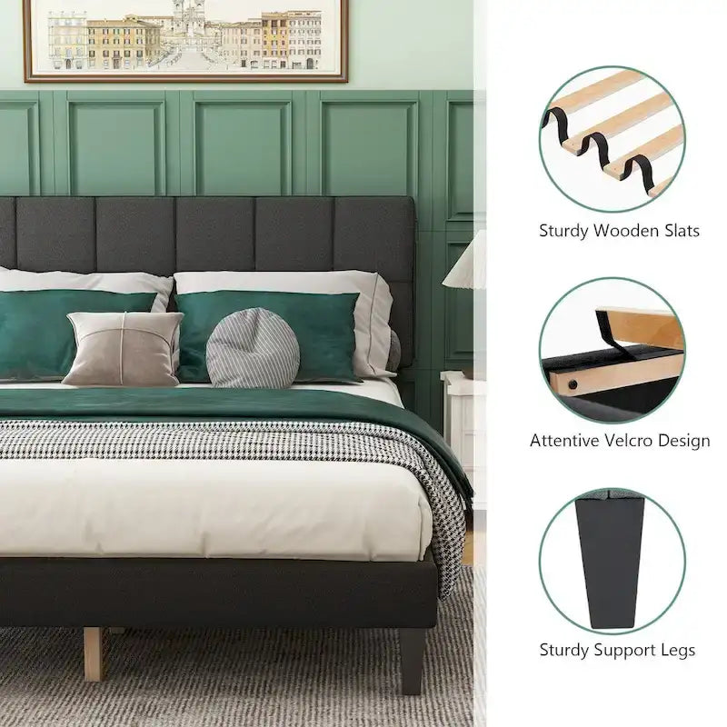 Base de cama tamaño queen con plataforma, cabecero tapizado en tela y soporte de listones de madera, no necesita somier/fácil montaje