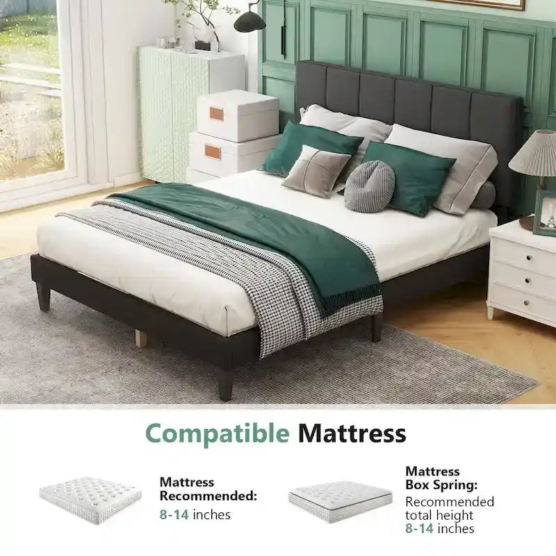 Base de cama tamaño queen con plataforma, cabecero tapizado en tela y soporte de listones de madera, no necesita somier/fácil montaje