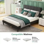Base de cama tamaño queen con plataforma, cabecero tapizado en tela y soporte de listones de madera, no necesita somier/fácil montaje