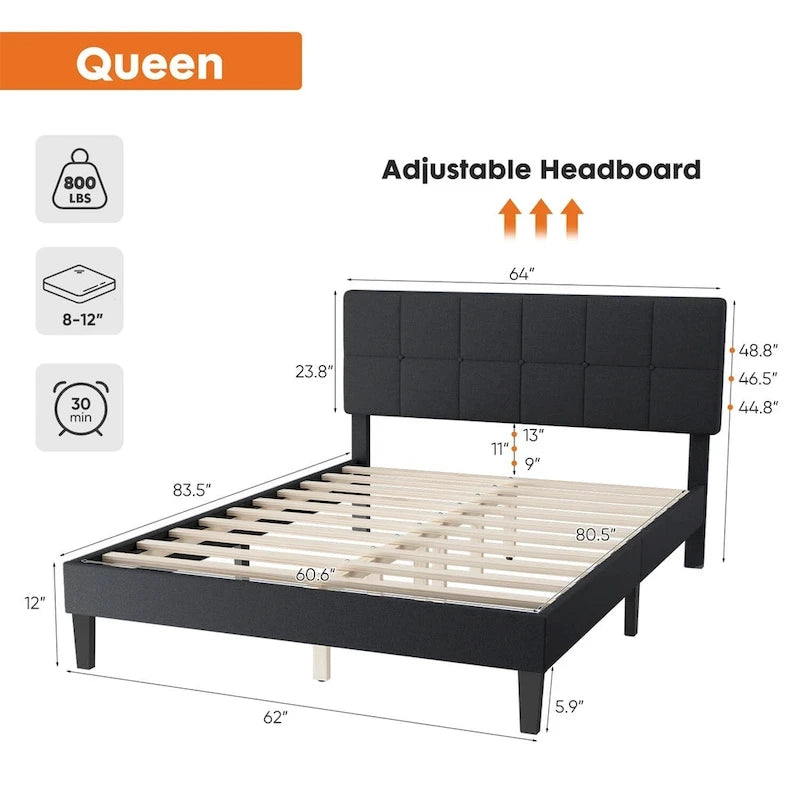 Base de cama tamaño queen con plataforma, cabecero tapizado en tela y soporte de listones de madera, no necesita somier/fácil montaje