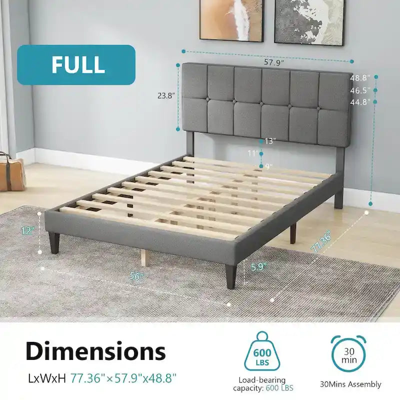 Base de cama tamaño queen con plataforma, cabecero tapizado en tela y soporte de listones de madera, no necesita somier/fácil montaje