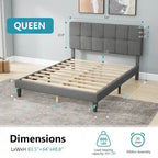Base de cama tamaño queen con plataforma, cabecero tapizado en tela y soporte de listones de madera, no necesita somier/fácil montaje