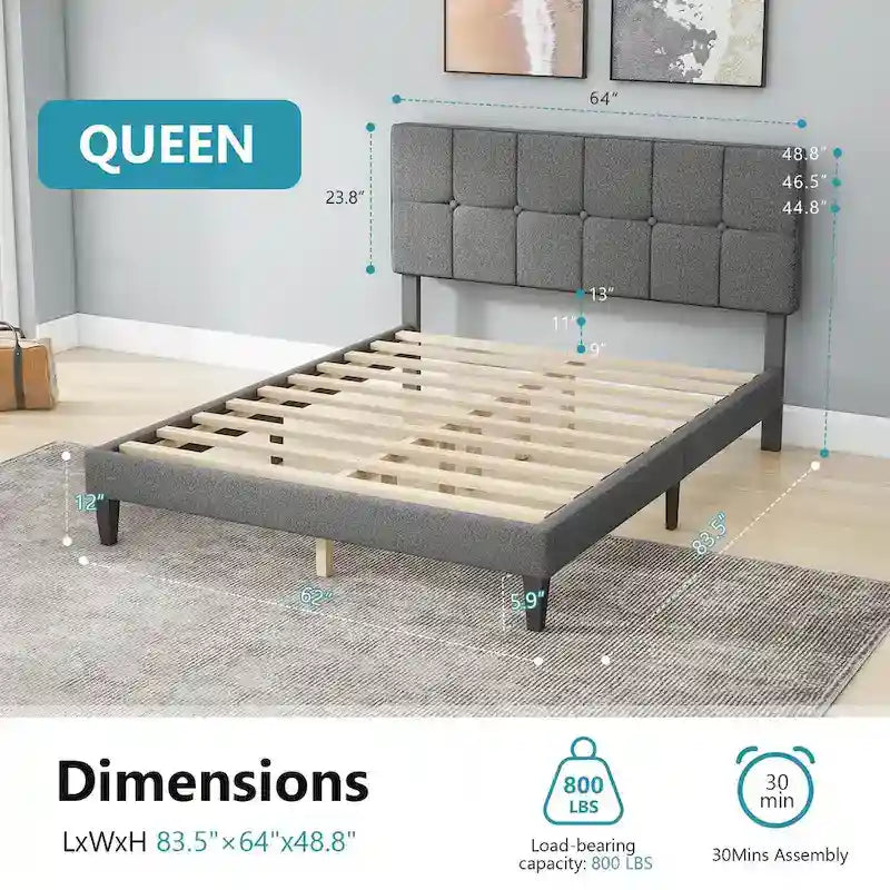 Base de cama tamaño queen con plataforma, cabecero tapizado en tela y soporte de listones de madera, no necesita somier/fácil montaje