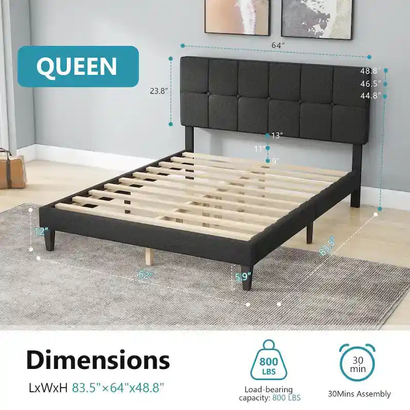 Base de cama tamaño queen con plataforma, cabecero tapizado en tela y soporte de listones de madera, no necesita somier/fácil montaje