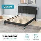 Base de cama tamaño queen con plataforma, cabecero tapizado en tela y soporte de listones de madera, no necesita somier/fácil montaje