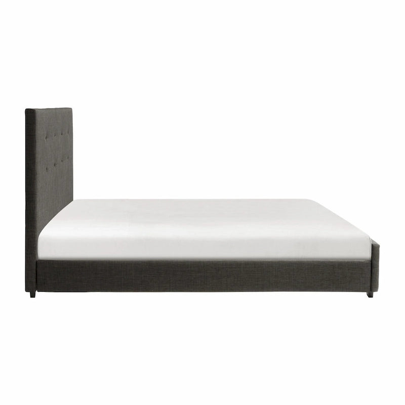 Cama California King, Cabecero tapizado con mechones, Madera maciza gris