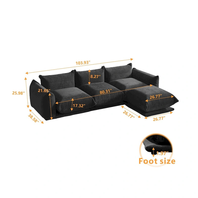 Sofá seccional en forma de L de 103", sofás modulares minimalistas de chenilla de 4 plazas con otomana/chaise reversible