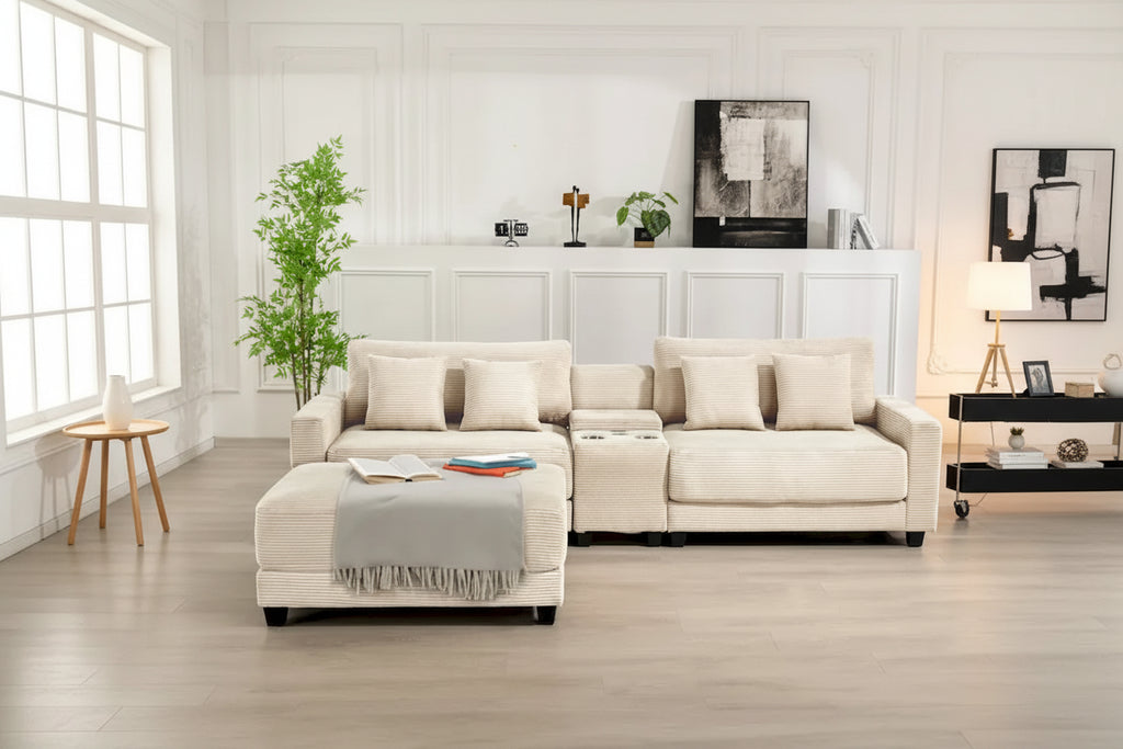 Oversized Corduroy Upholstered Sofa with a Removable Ottoman & 4 Pillows