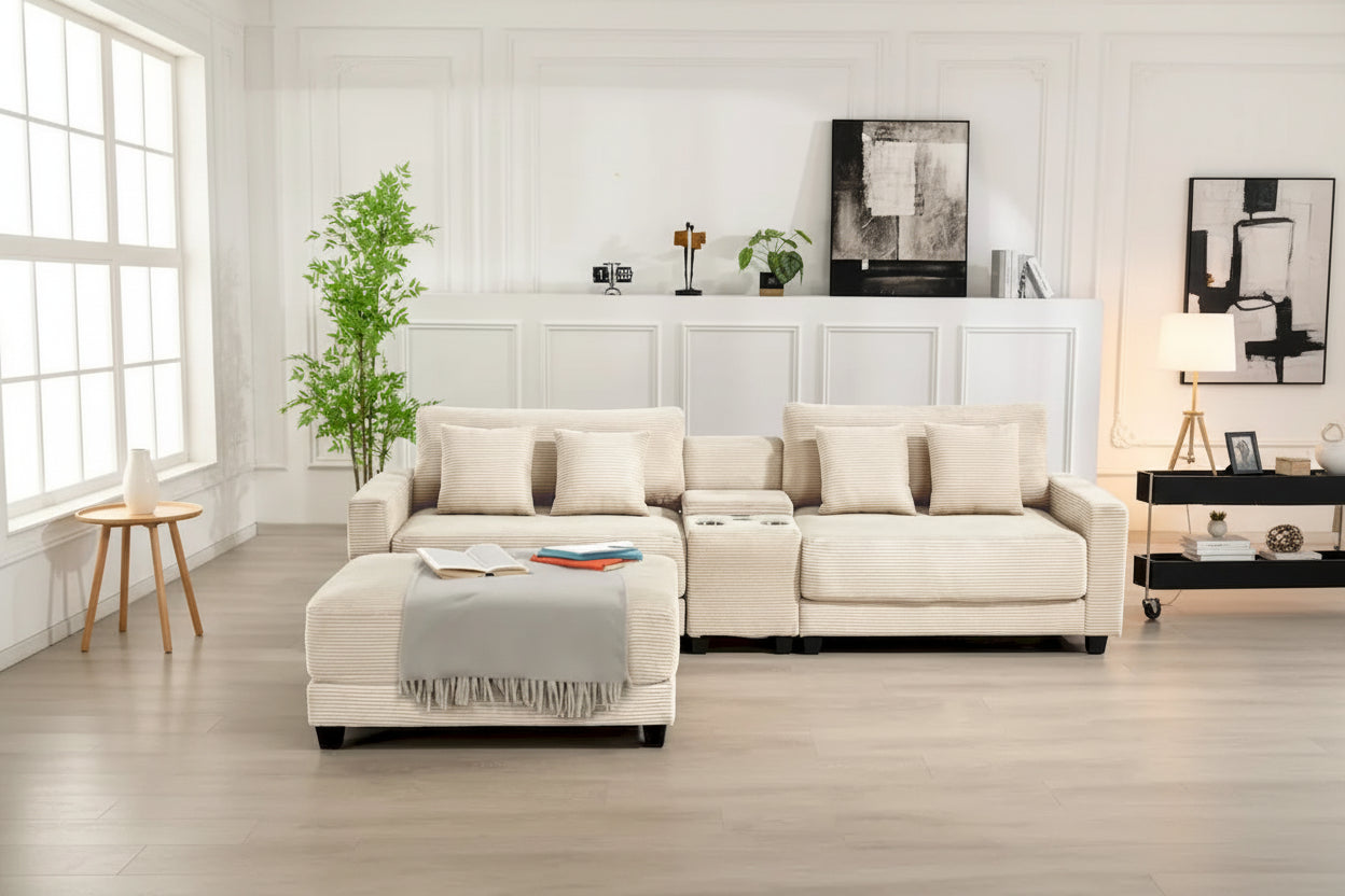 Oversized Corduroy Upholstered Sofa with a Removable Ottoman & 4 Pillows