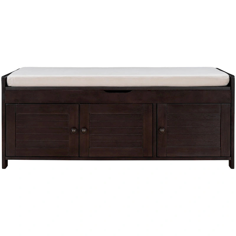 Banco de almacenamiento con 3 puertas tipo persiana, cojín extraíble y espacio de almacenamiento oculto - 43.5L x 16W x 18H