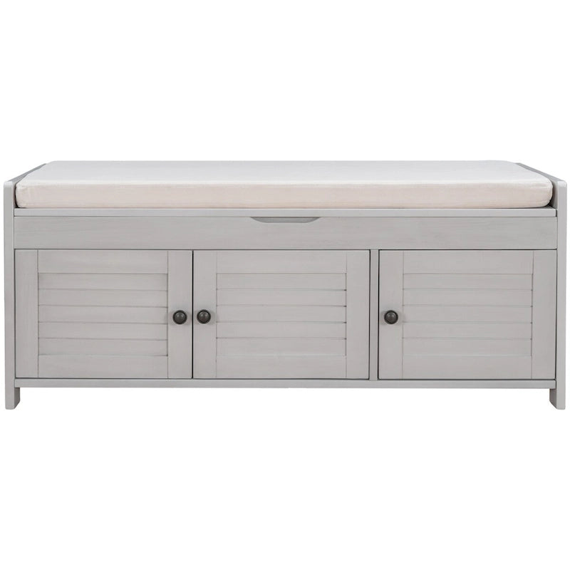 Banco de almacenamiento con 3 puertas tipo persiana, cojín extraíble y espacio de almacenamiento oculto - 43.5L x 16W x 18H