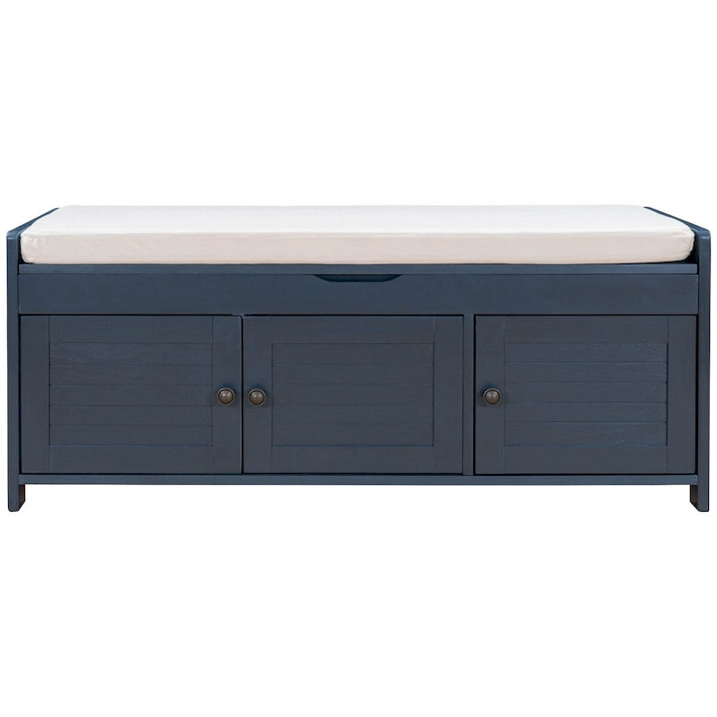 Banco de almacenamiento con 3 puertas tipo persiana, cojín extraíble y espacio de almacenamiento oculto - 43.5L x 16W x 18H