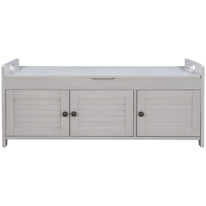 Banco de almacenamiento con 3 puertas tipo persiana, cojín extraíble y espacio de almacenamiento oculto - 43.5L x 16W x 18H