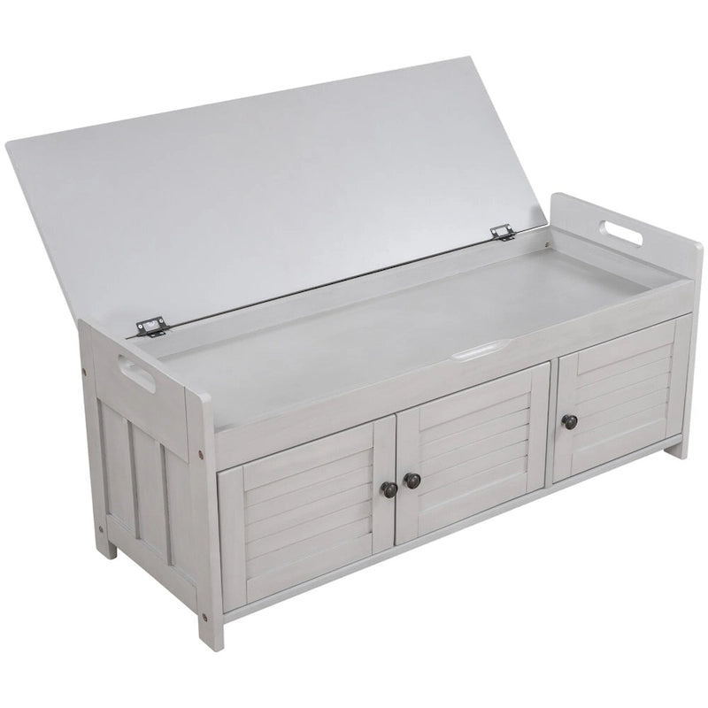 Banco de almacenamiento con 3 puertas tipo persiana, cojín extraíble y espacio de almacenamiento oculto - 43.5L x 16W x 18H