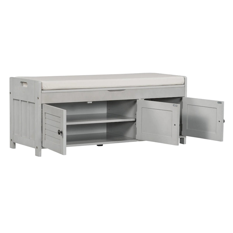 Banco de almacenamiento con 3 puertas tipo persiana, cojín extraíble y espacio de almacenamiento oculto - 43.5L x 16W x 18H