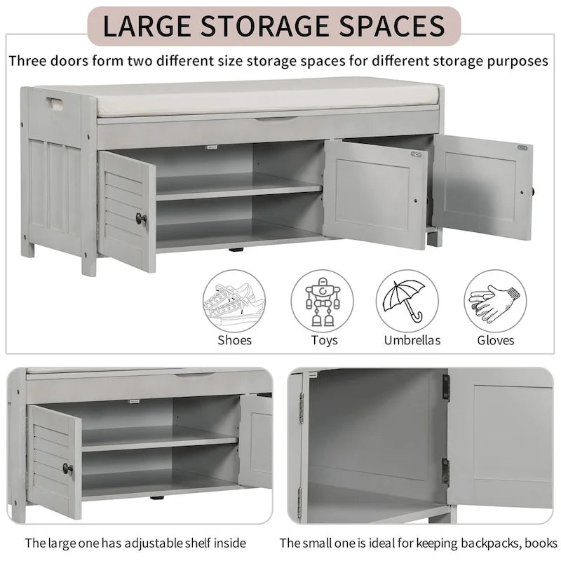 Banco de almacenamiento con 3 puertas tipo persiana, cojín extraíble y espacio de almacenamiento oculto - 43.5L x 16W x 18H