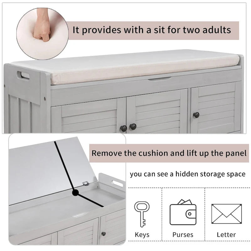 Banco de almacenamiento con 3 puertas tipo persiana, cojín extraíble y espacio de almacenamiento oculto - 43.5L x 16W x 18H