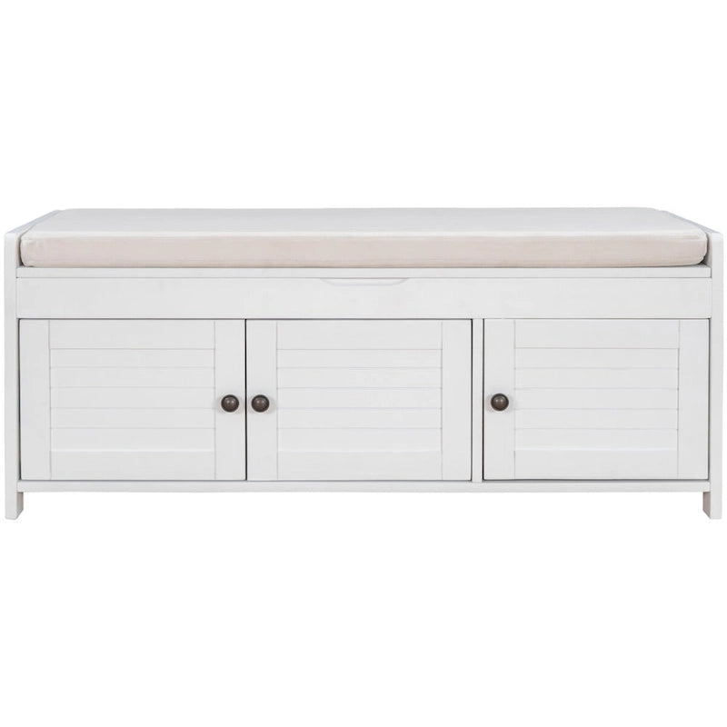 Banco de almacenamiento con 3 puertas tipo persiana, cojín extraíble y espacio de almacenamiento oculto - 43.5L x 16W x 18H