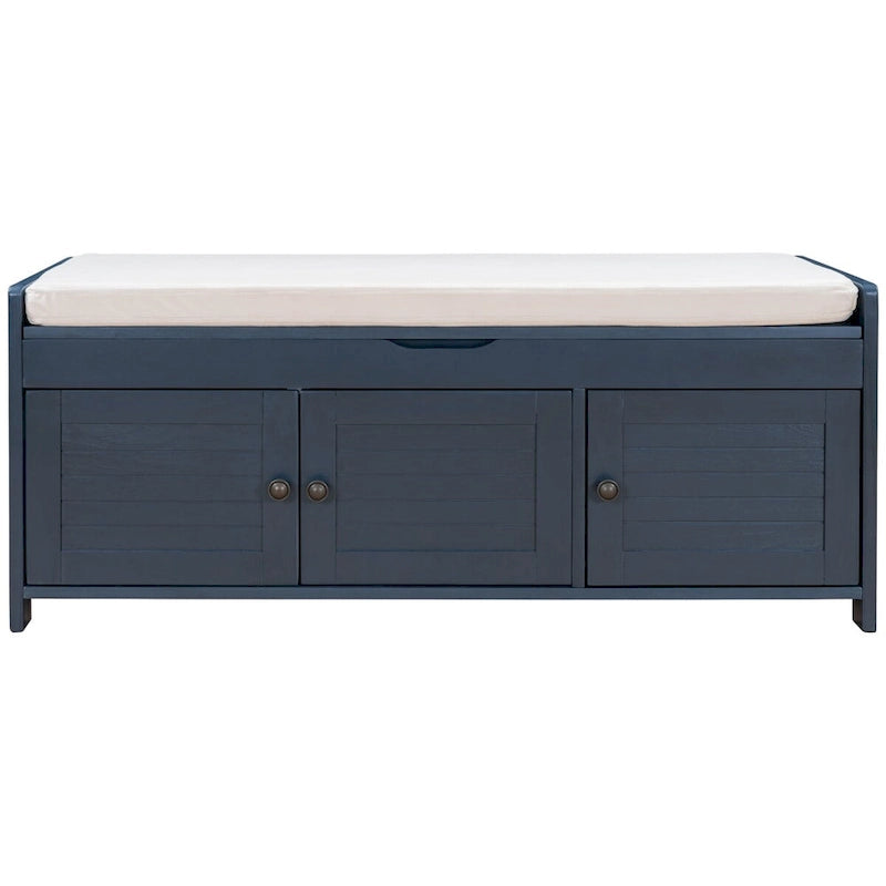 Banco de almacenamiento con 3 puertas tipo persiana, cojín extraíble y espacio de almacenamiento oculto - 43.5L x 16W x 18H