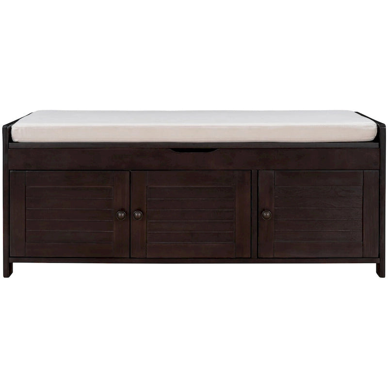Banco de almacenamiento con 3 puertas tipo persiana, cojín extraíble y espacio de almacenamiento oculto - 43.5L x 16W x 18H
