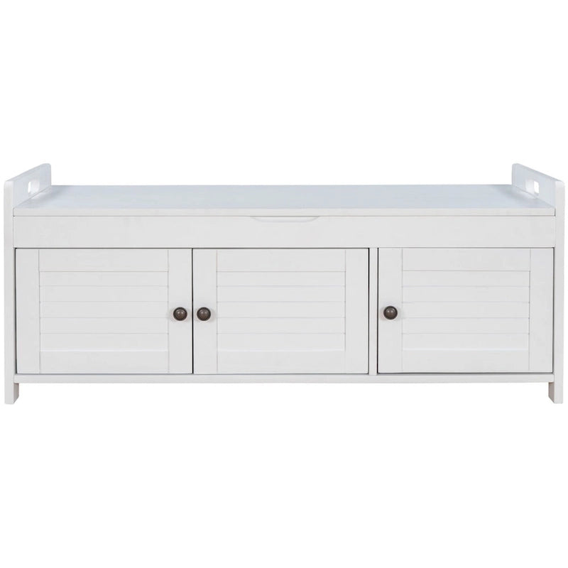 Banco de almacenamiento con 3 puertas tipo persiana, cojín extraíble y espacio de almacenamiento oculto - 43.5L x 16W x 18H